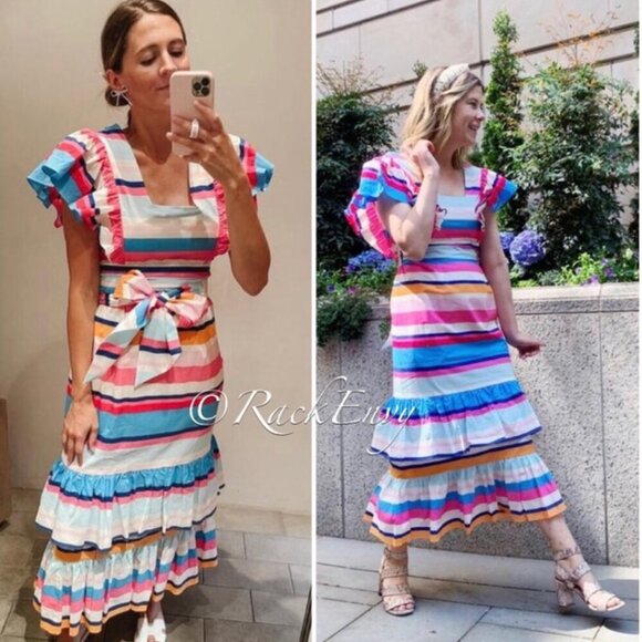 NWT Anthropologie Plenty by Tracy Reese Rainbow Ruffled Striped Maxi Dress Large - Picture 8 of 12